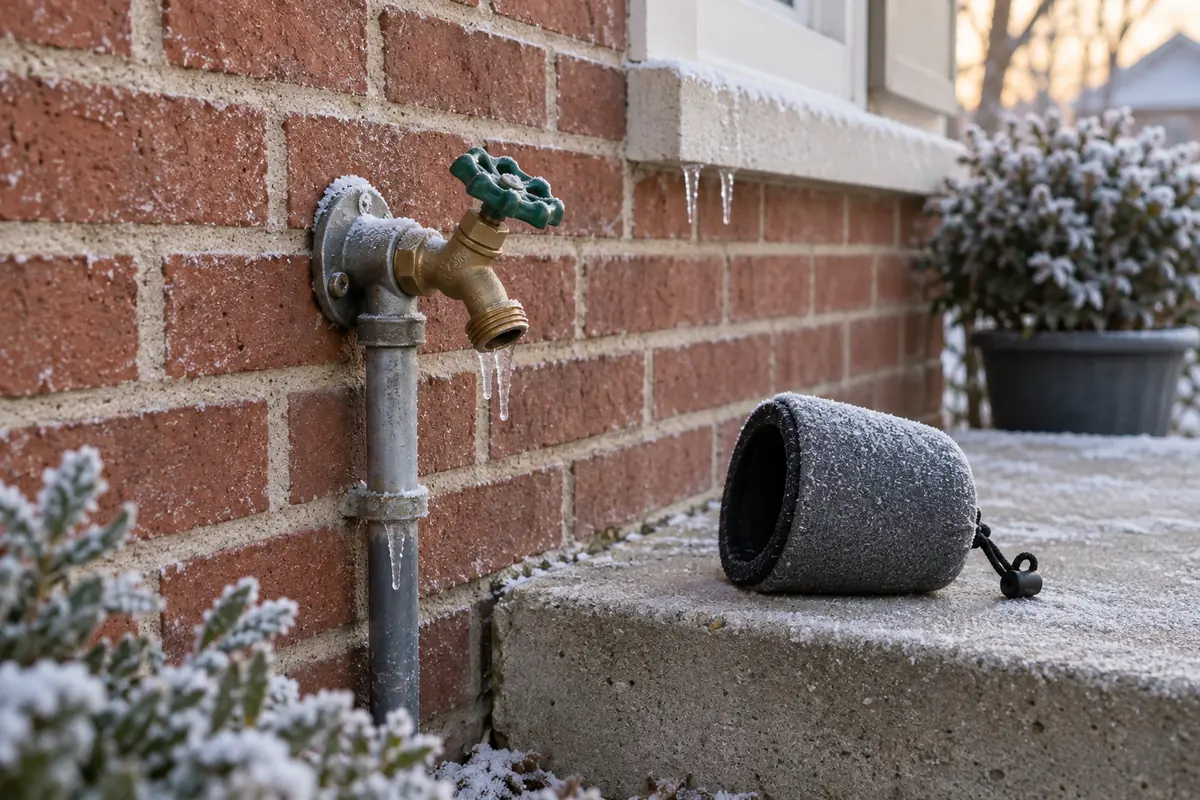 Frosty outdoor hose bib with an unattached foam faucet cover nearby