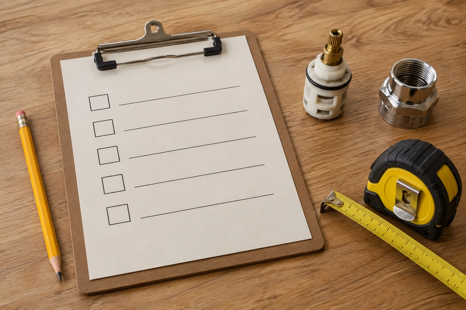 Blank checklist beside faucet parts and tape measure