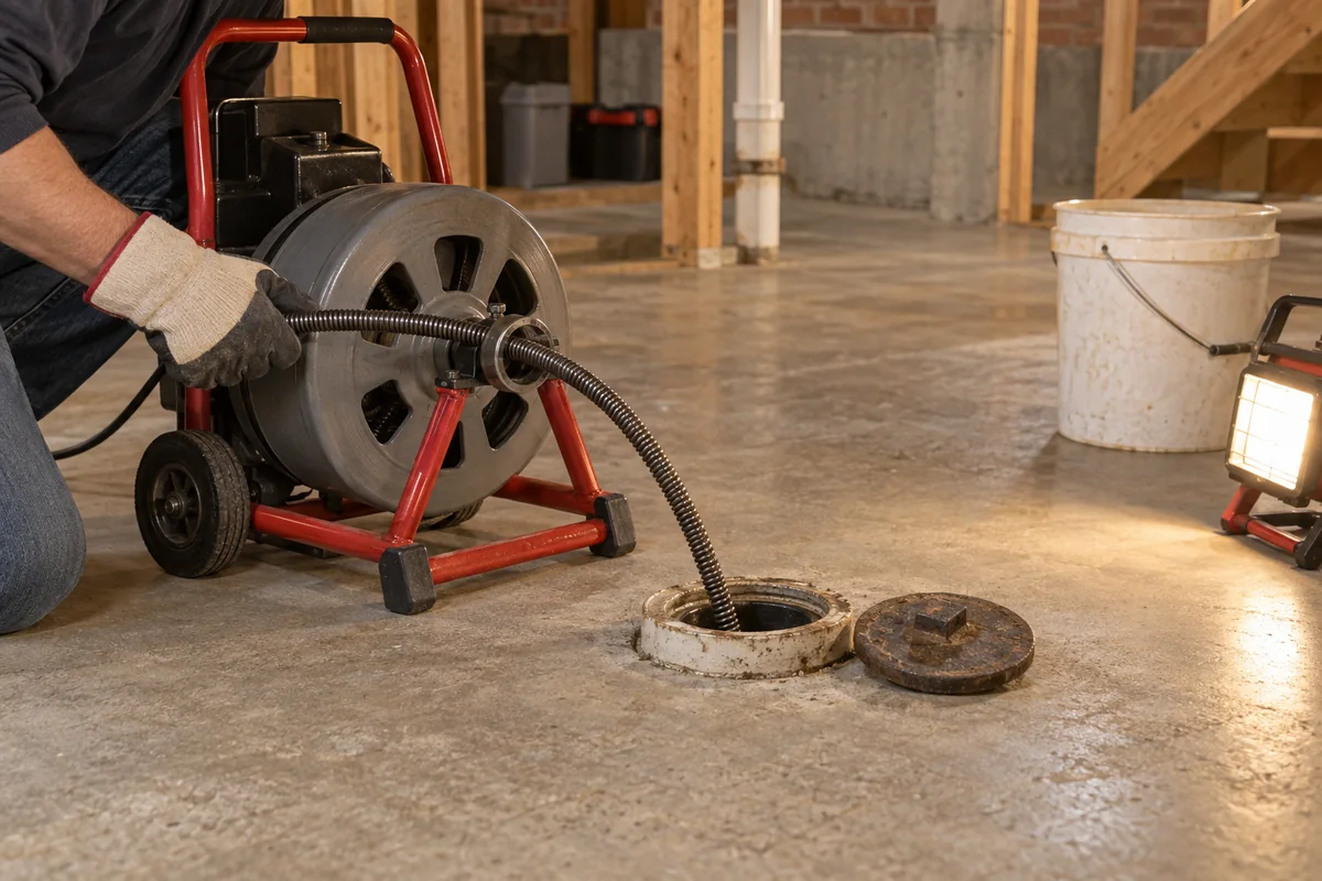Unbranded kitchen sink drain with a simple inspection tool beside it