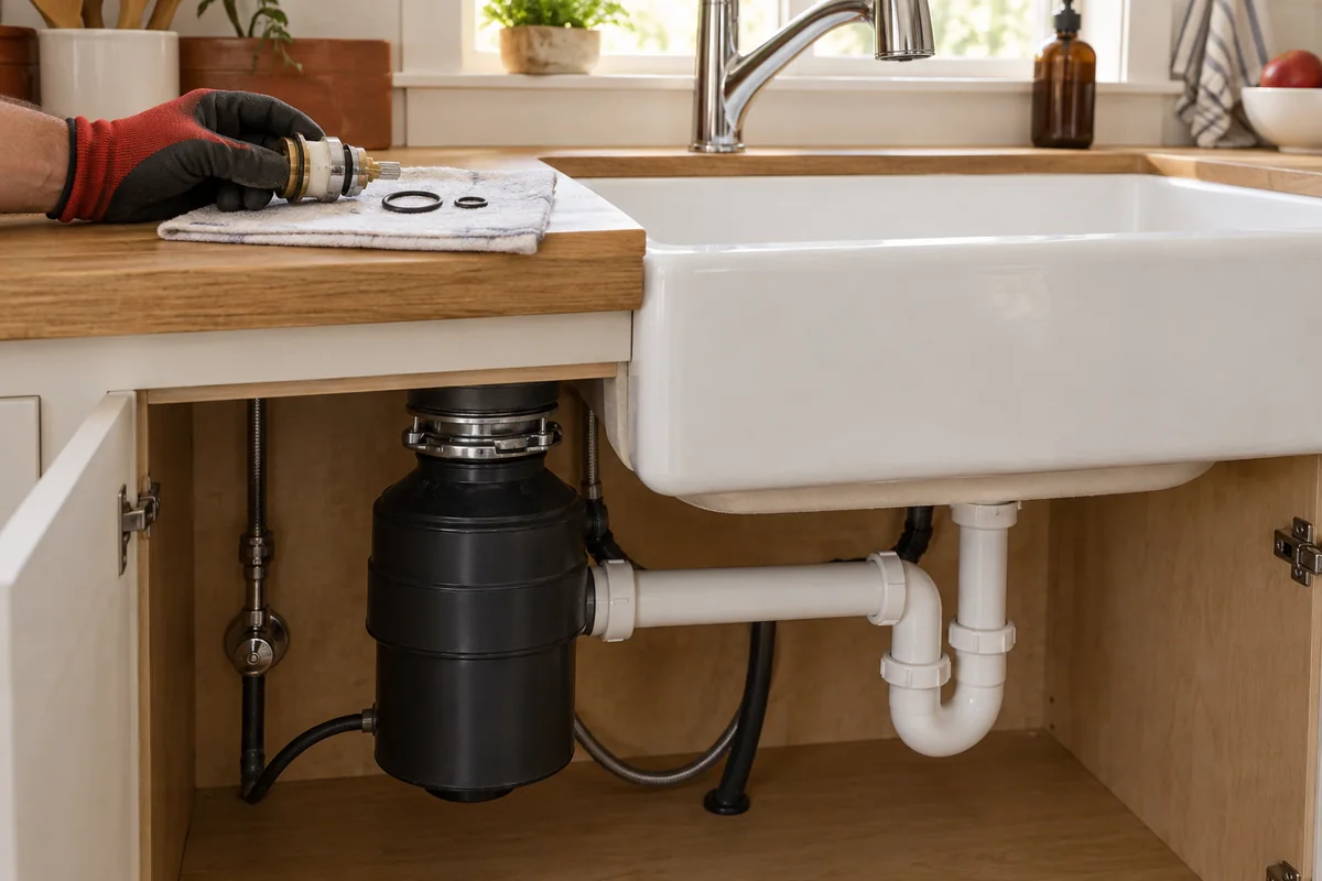 Unbranded kitchen faucet and sink cabinet with supply connections visible