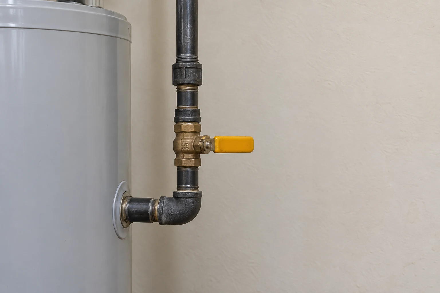 Closed yellow gas shutoff on a black pipe by a heater