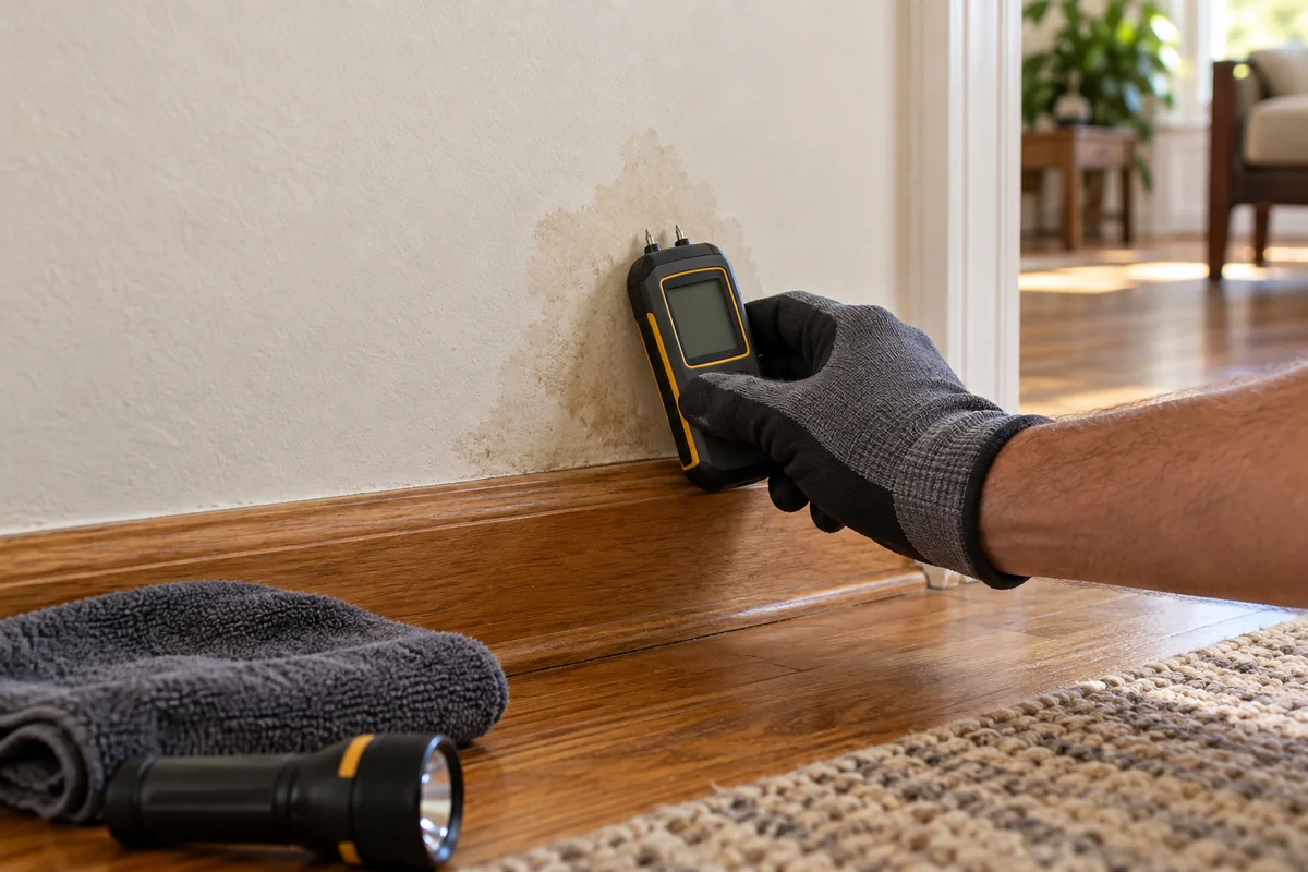 Unbranded plumbing inspection tools beside a damp-wall investigation area