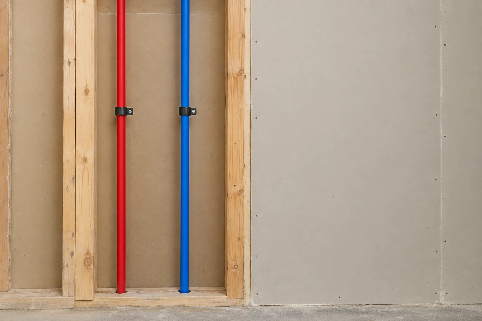 Separate red and blue water supply tubes in an open wall