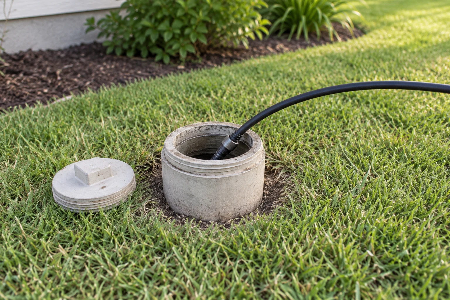 Inspection cable entering an open residential yard cleanout