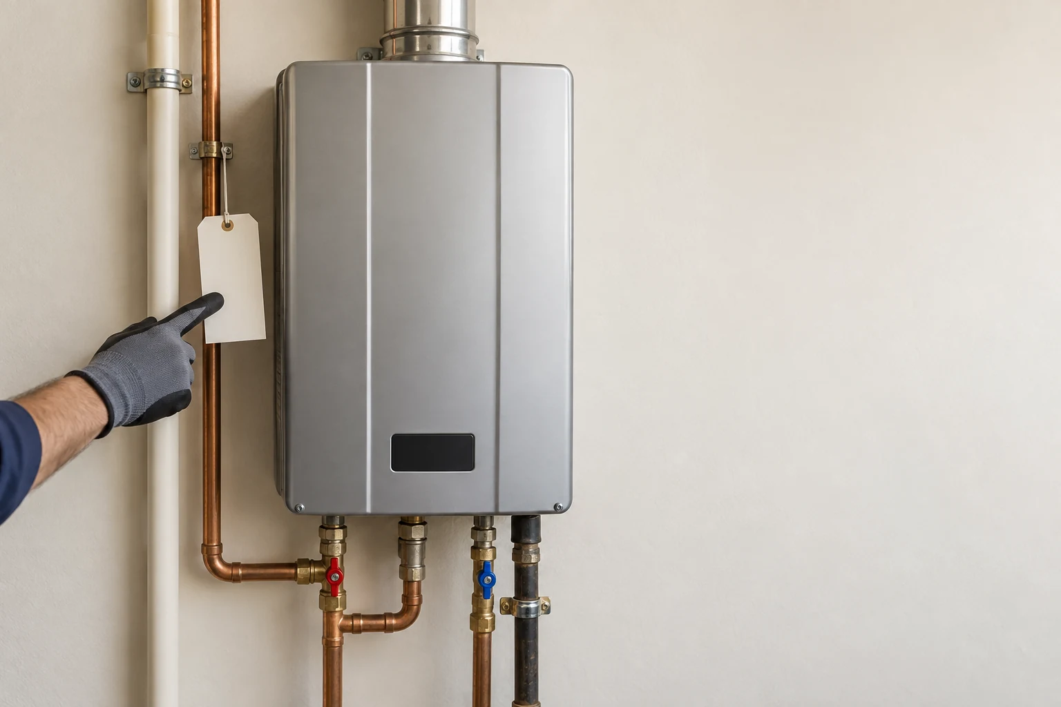 Unbranded wall mounted tankless heater with visible closed connections