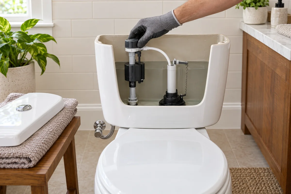 Unbranded residential toilet base and supply connection in a clean bathroom