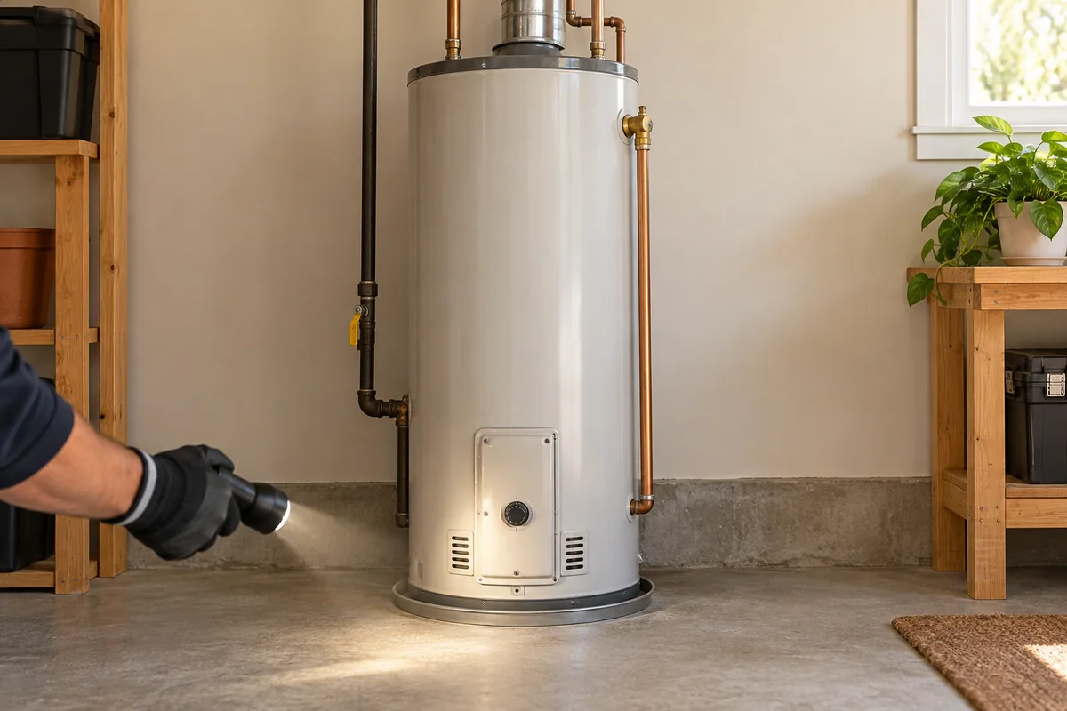 Unbranded residential water heater in a clean utility area with connections visible